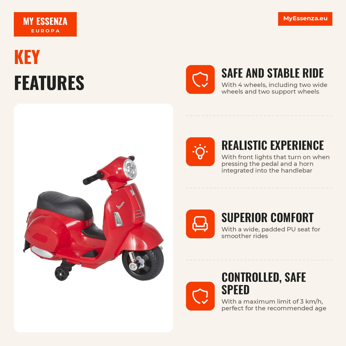 Licensed Electric Ride-on Motorbike for Kids 18+ Months with Lights, Horn & 4 Wheels, 66.5x38x52 cm Red — Infografia EN (vantagens)