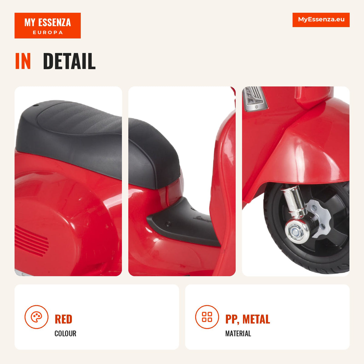 Licensed Electric Ride-on Motorbike for Kids 18+ Months with Lights, Horn & 4 Wheels, 66.5x38x52 cm Red — Infografia EN (detalhe)