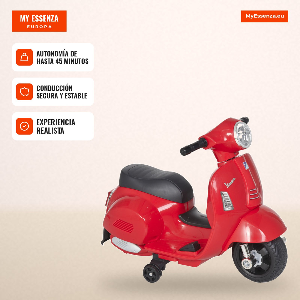 Licensed Electric Ride-on Motorbike for Kids 18+ Months with Lights, Horn & 4 Wheels, 66.5x38x52 cm Red — Infografia ES (em uso)
