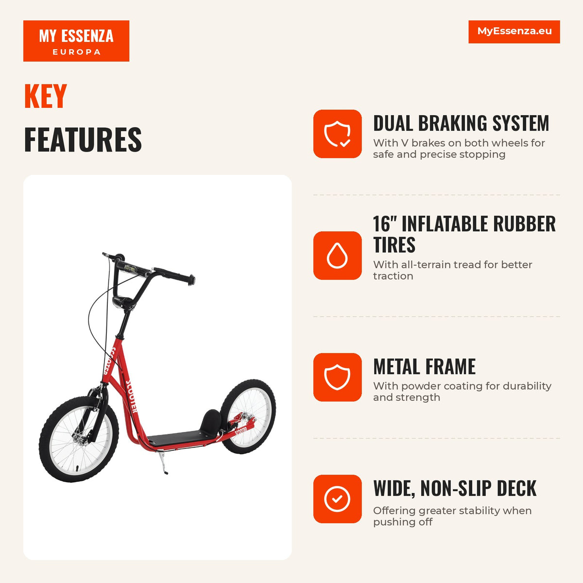 Scooter for Children 5+ and Teens with Adjustable Handlebar 2 Inflatable Rubber Tires 16" Dual Braking Load 100 kg 139x5 — Infografia EN (vantagens)