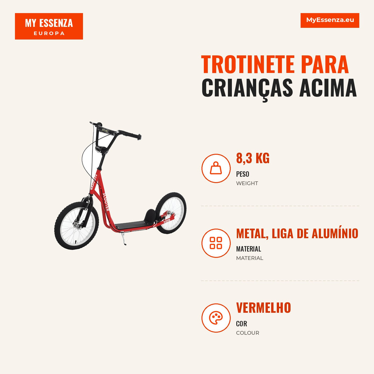 Scooter for Children 5+ and Teens with Adjustable Handlebar 2 Inflatable Rubber Tires 16" Dual Braking Load 100 kg 139x5 — Infografia PT (medidas)