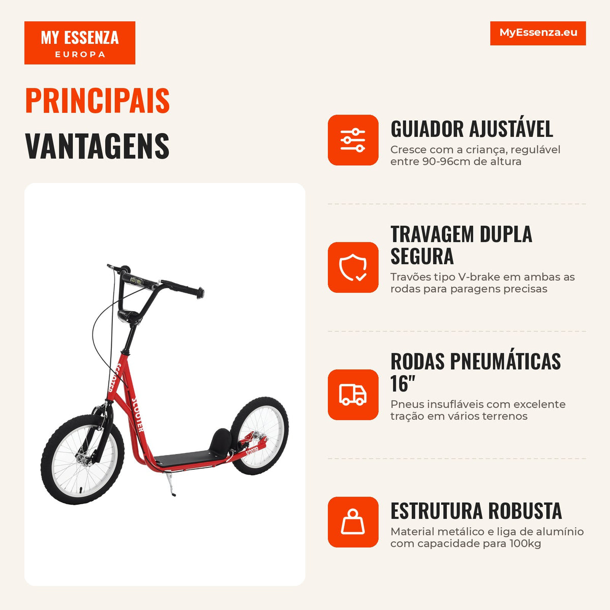 Scooter for Children 5+ and Teens with Adjustable Handlebar 2 Inflatable Rubber Tires 16" Dual Braking Load 100 kg 139x5 — Infografia PT (vantagens)