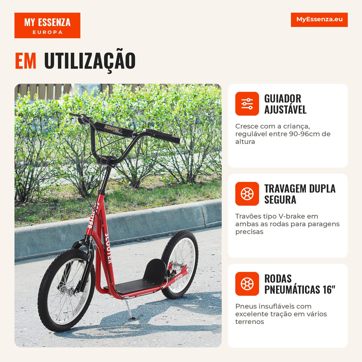 Scooter for Children 5+ and Teens with Adjustable Handlebar 2 Inflatable Rubber Tires 16" Dual Braking Load 100 kg 139x5 — Infografia PT (detalhe)
