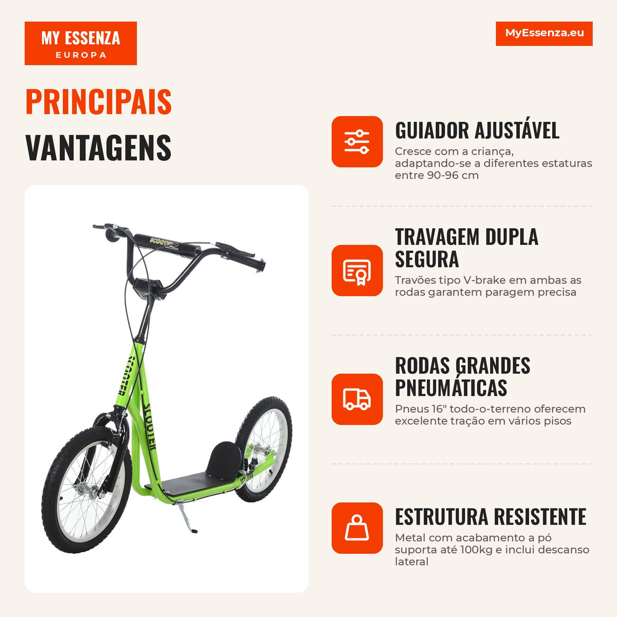 Scooter for Kids 5+ and Teens with Adjustable Handlebar | HOMCOM — Infografia PT (vantagens)