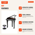 Children's Piano with 37 Keys Kids Piano with Microphone Stool Lights 22 Songs MP3 and USB Input 48x39x69 cm Black — Infografia EN (vantagens)