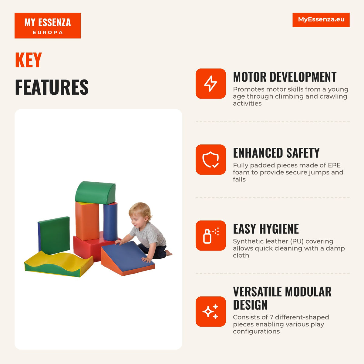 Set of 7 Foam Blocks for Children 1-3 Years | HOMCOM — Infografia EN (vantagens)