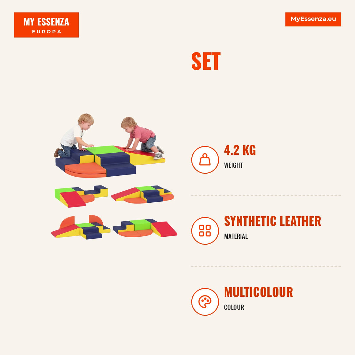 Set of 6 Foam Blocks for Children, Child Psychomotor Skills Blocks with Non-slip Base, for Ages 0.5 to 6 Years, Indoor C — Infografia EN (medidas)