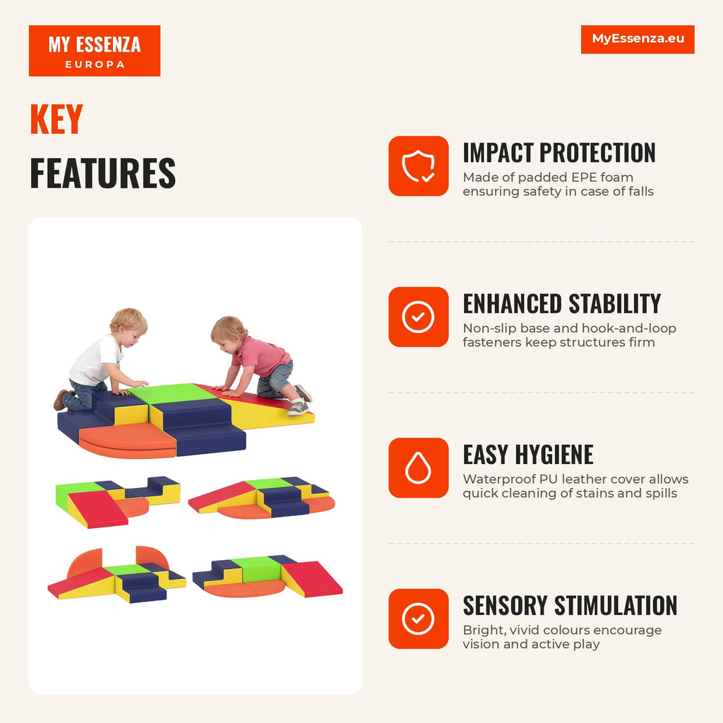 Set of 6 Foam Blocks for Children, Child Psychomotor Skills Blocks with Non-slip Base, for Ages 0.5 to 6 Years, Indoor C — Infografia EN (vantagens)