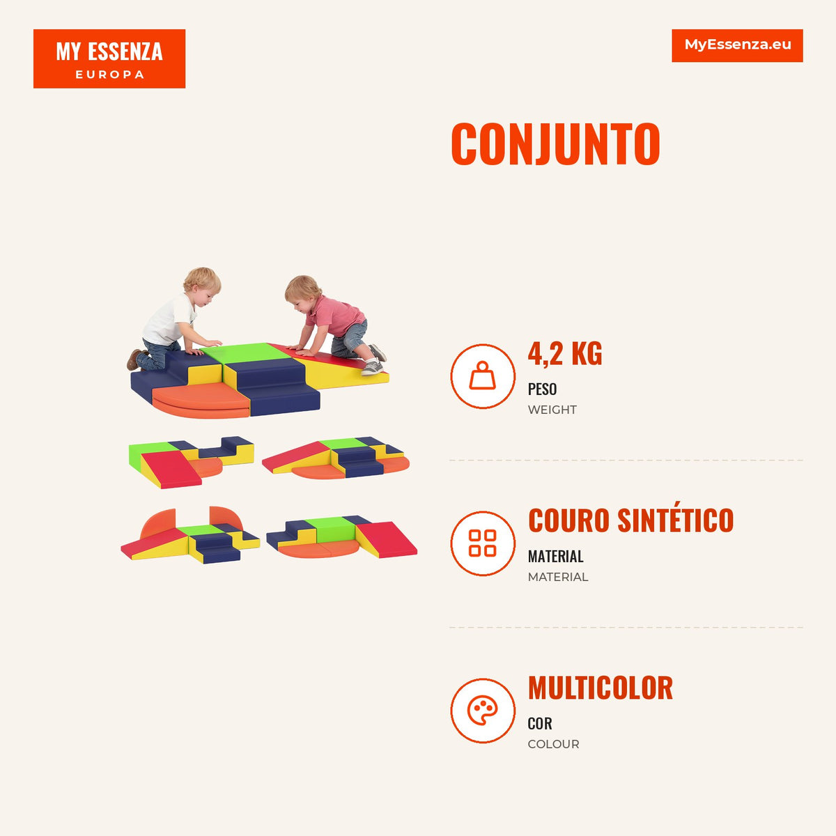 Set of 6 Foam Blocks for Children, Child Psychomotor Skills Blocks with Non-slip Base, for Ages 0.5 to 6 Years, Indoor C — Infografia PT (medidas)