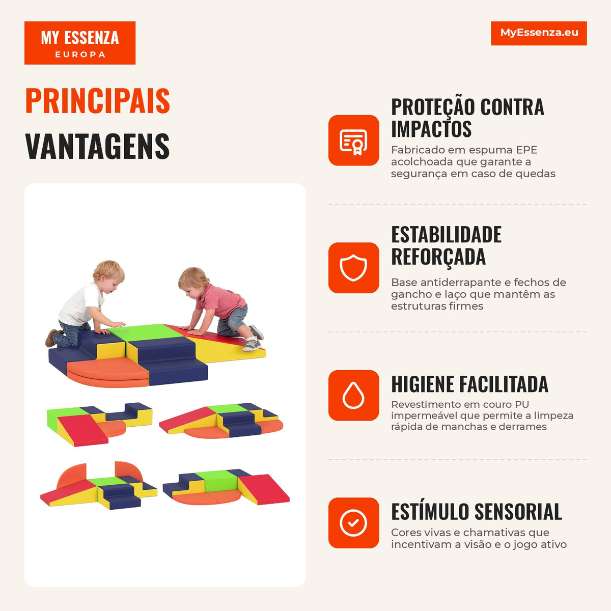 Set of 6 Foam Blocks for Children, Child Psychomotor Skills Blocks with Non-slip Base, for Ages 0.5 to 6 Years, Indoor C — Infografia PT (vantagens)