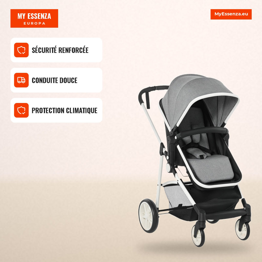 2 in 1 Baby Stroller and Carrycot for Children 0 to 36 Months Foldable Canopy Reclining Backrest Large Basket Brake Leve — Infografia FR (em uso)