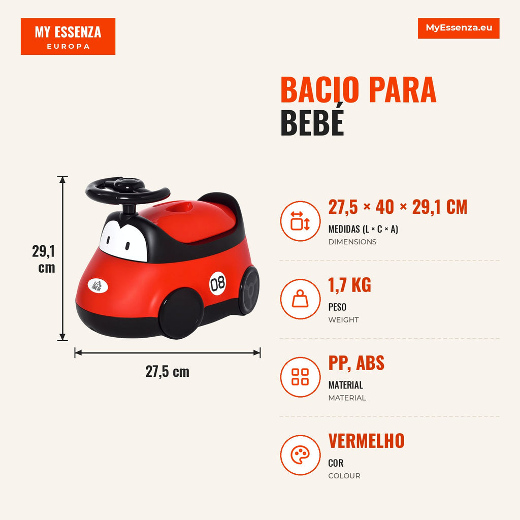 Baby Potty for 6-36 Months Learning Potty Portable Car-Shaped with Lid Steering Wheel Easy Clean Load 50kg 40x27.5x29.1c — Infografia PT (medidas)