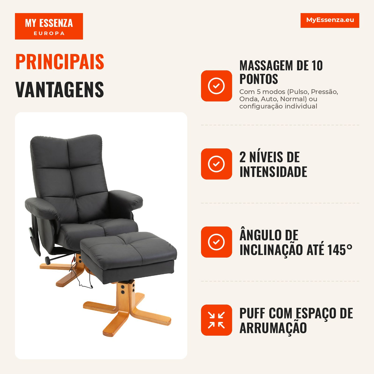 Poltrona de massagem com puff, Poltrona relax reclinável 145° com função de massagem, Espaço de arrumação, Couro sintéti — Infografia PT (vantagens)