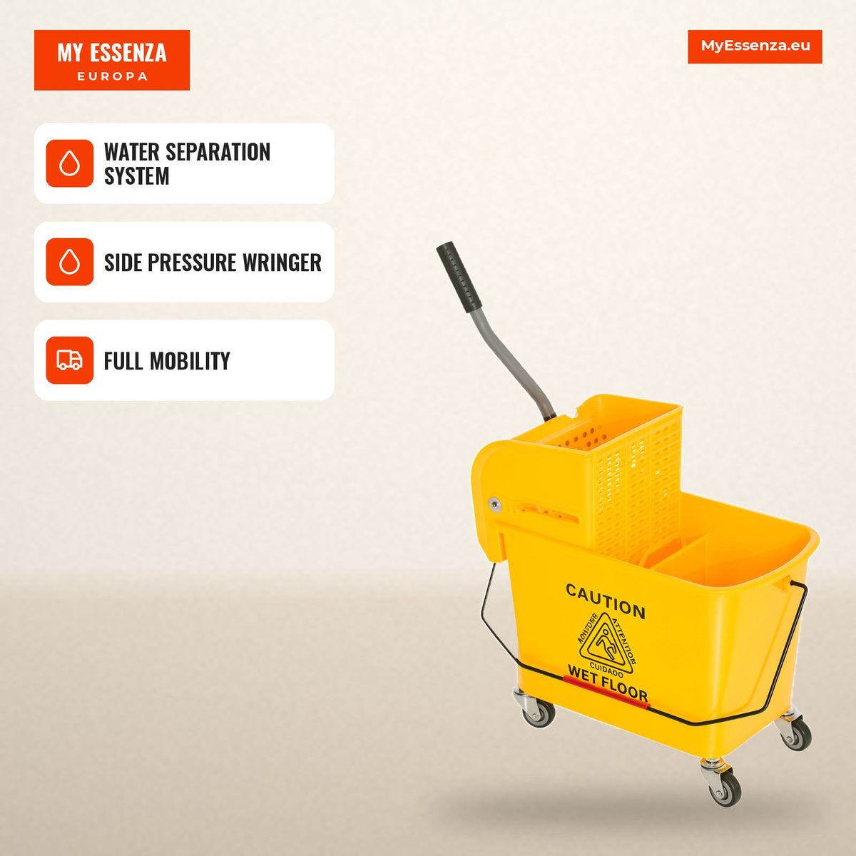20L Cleaning Bucket with Wheels and Wringer Mop Bucket with Water Separator 60x27x70.5 cm Yellow — Infografia EN (em uso)