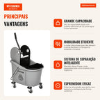 Commercial Mop Bucket with Downward Pressure Wringer 36L Capacity, 4 Silent Wheels, 2 Separate Tubs, 54x41x91.5 cm Grey — Infografia PT (vantagens)