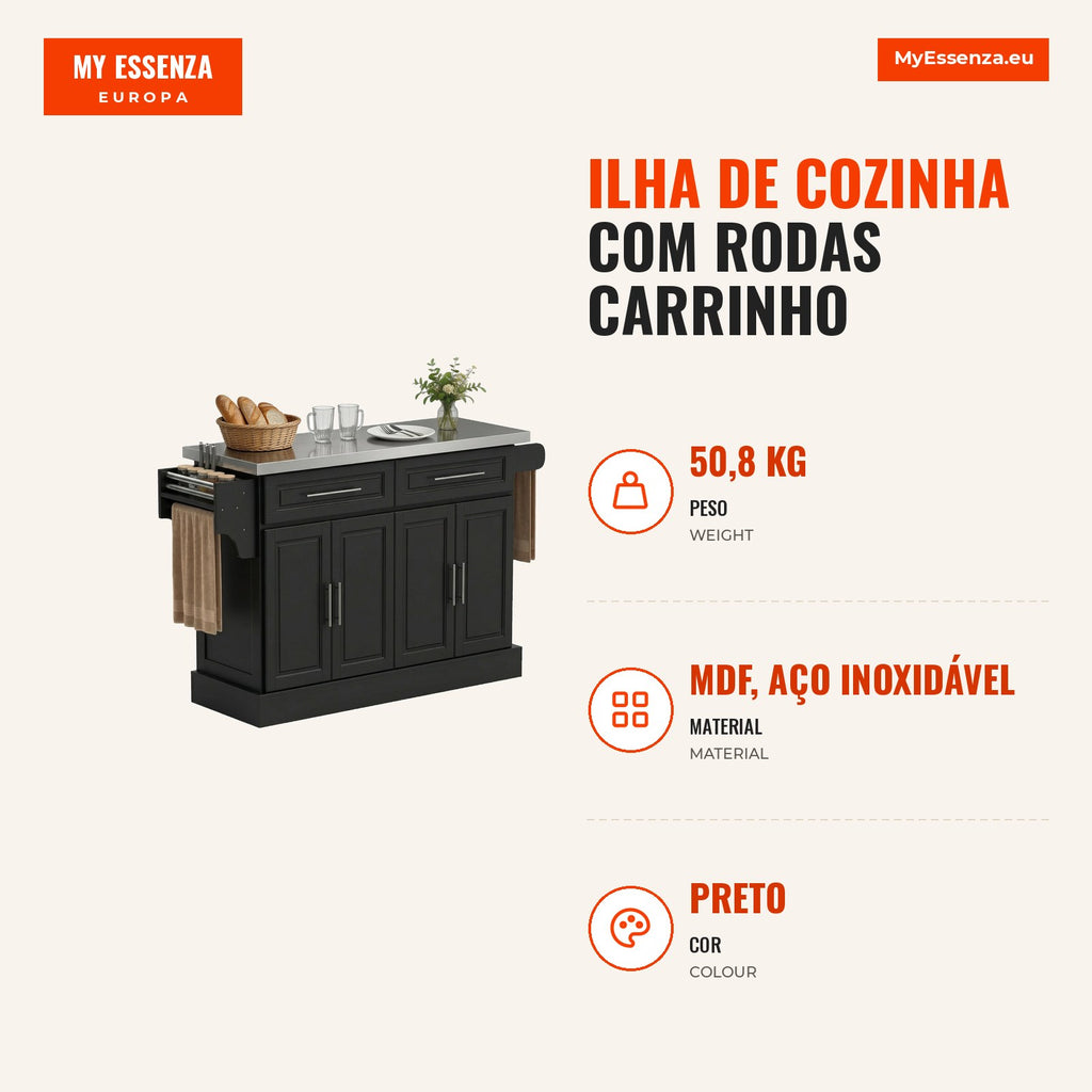Kitchen Island on Wheels Kitchen Cart with Stainless Steel Worktop 2 Drawers 4 Doors 2 Adjustable Shelves Spice Rack and — Infografia PT (medidas)