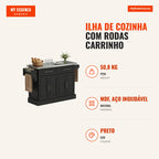 Kitchen Island on Wheels Kitchen Cart with Stainless Steel Worktop 2 Drawers 4 Doors 2 Adjustable Shelves Spice Rack and — Infografia PT (medidas)