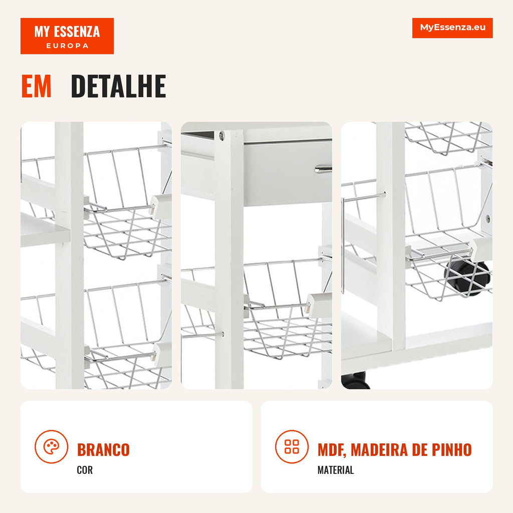 Kitchen Trolley with Wheels Auxiliary Cart with Drawer 4 Removable Metal Baskets and Side Shelves 47x37x83 cm White — Infografia PT (detalhe)