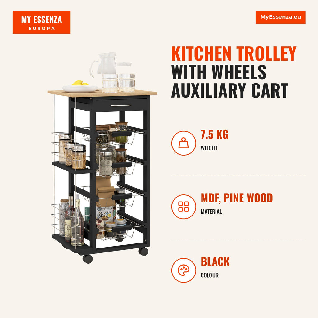 Kitchen Trolley with Wheels Auxiliary Cart with Drawer 4 Removable Metal Baskets and Side Shelves 47x37x83 cm Black and  — Infografia EN (medidas)