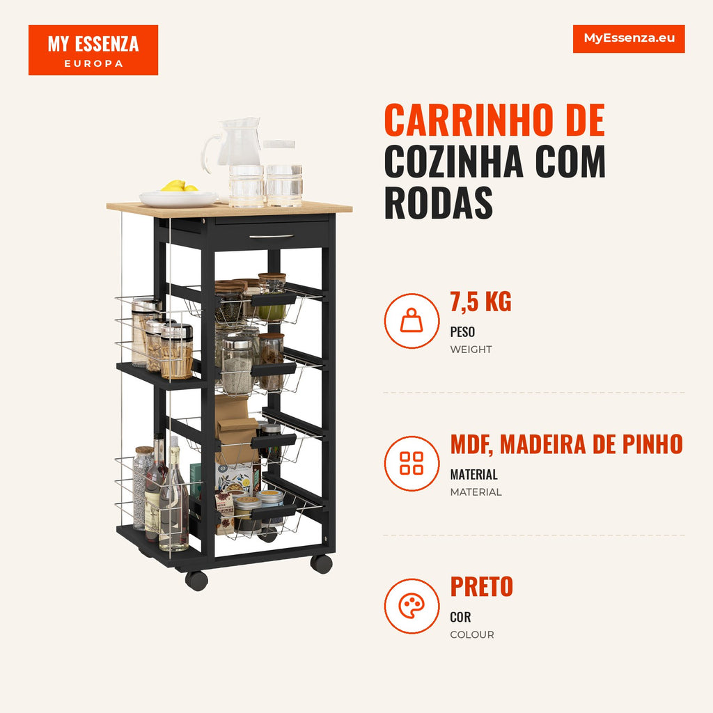 Kitchen Trolley with Wheels Auxiliary Cart with Drawer 4 Removable Metal Baskets and Side Shelves 47x37x83 cm Black and  — Infografia PT (medidas)