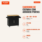Kitchen Trolley with Cabinet, Adjustable Inner Shelf, Drawer, Bar and Spice Rack, Auxiliary Sideboard with Wheels 109x40 — Infografia PT (medidas)