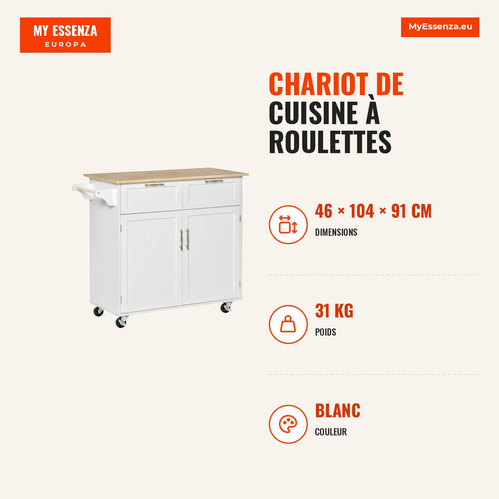 Kitchen Cart on Wheels with 2 Drawers, 2 Doors, Adjustable Shelf, and Napkin Holder, 104x46x91 cm, White — Infografia FR (medidas)