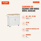 Kitchen Cart on Wheels with 2 Drawers, 2 Doors, Adjustable Shelf, and Napkin Holder, 104x46x91 cm, White — Infografia PT (medidas)