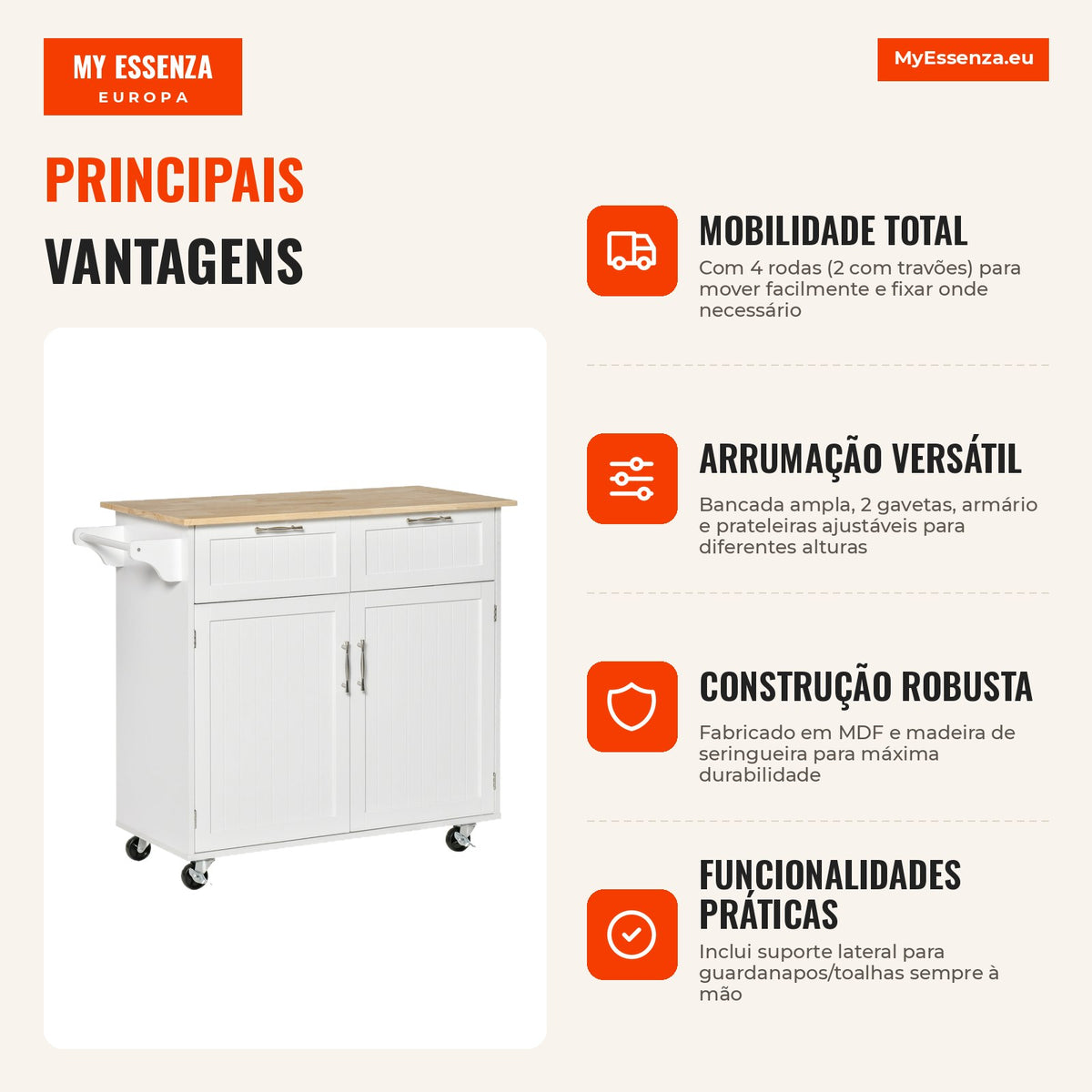 Kitchen Cart on Wheels with 2 Drawers, 2 Doors, Adjustable Shelf, and Napkin Holder, 104x46x91 cm, White — Infografia PT (vantagens)