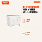 Kitchen Trolley with Wheels Multi-purpose Trolley with 2 Drawers 3 Doors Adjustable Shelves and Bar 121x46x91cm White an — Infografia EN (medidas)