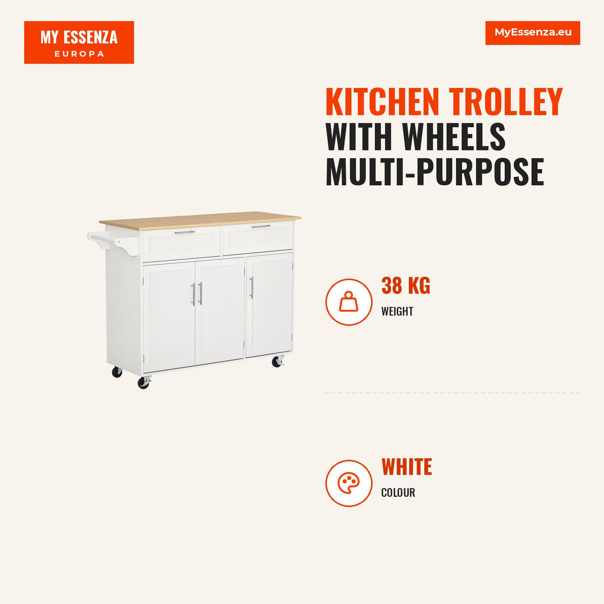 Kitchen Trolley with Wheels Multi-purpose Trolley with 2 Drawers 3 Doors Adjustable Shelves and Bar 121x46x91cm White an — Infografia EN (medidas)