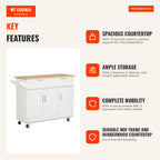 Kitchen Trolley with Wheels Multi-purpose Trolley with 2 Drawers 3 Doors Adjustable Shelves and Bar 121x46x91cm White an — Infografia EN (vantagens)