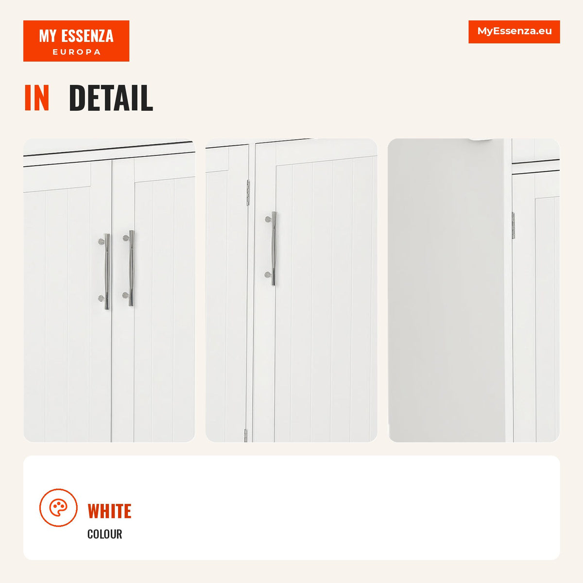 Kitchen Trolley with Wheels Multi-purpose Trolley with 2 Drawers 3 Doors Adjustable Shelves and Bar 121x46x91cm White an — Infografia EN (detalhe)