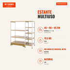 Multi-purpose Shelf with 7 Storage Shelves for Utensils, Books, Plants 90x40x95cm Natural Wood — Infografia PT (medidas)