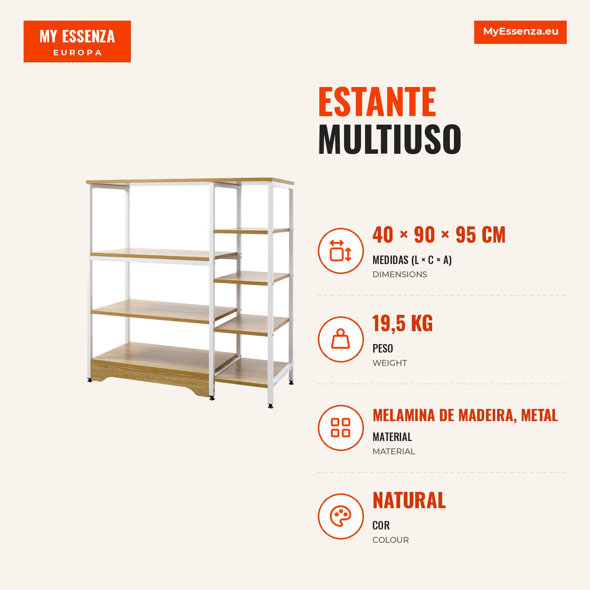 Multi-purpose Shelf with 7 Storage Shelves for Utensils, Books, Plants 90x40x95cm Natural Wood — Infografia PT (medidas)