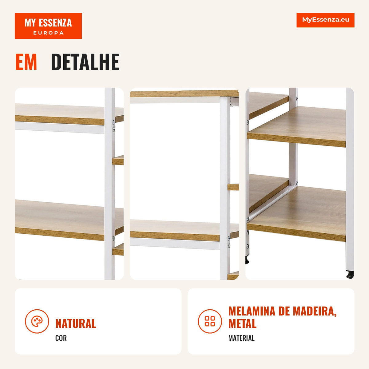 Multi-purpose Shelf with 7 Storage Shelves for Utensils, Books, Plants 90x40x95cm Natural Wood — Infografia PT (detalhe)