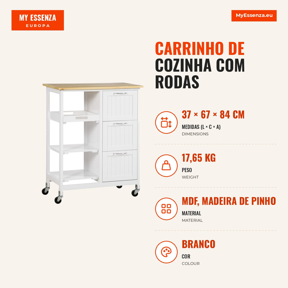 Kitchen Trolley with Wheels Serving Cart 3 Drawers 3 Open Shelves Removable Tray White 67x37x84cm — Infografia PT (medidas)