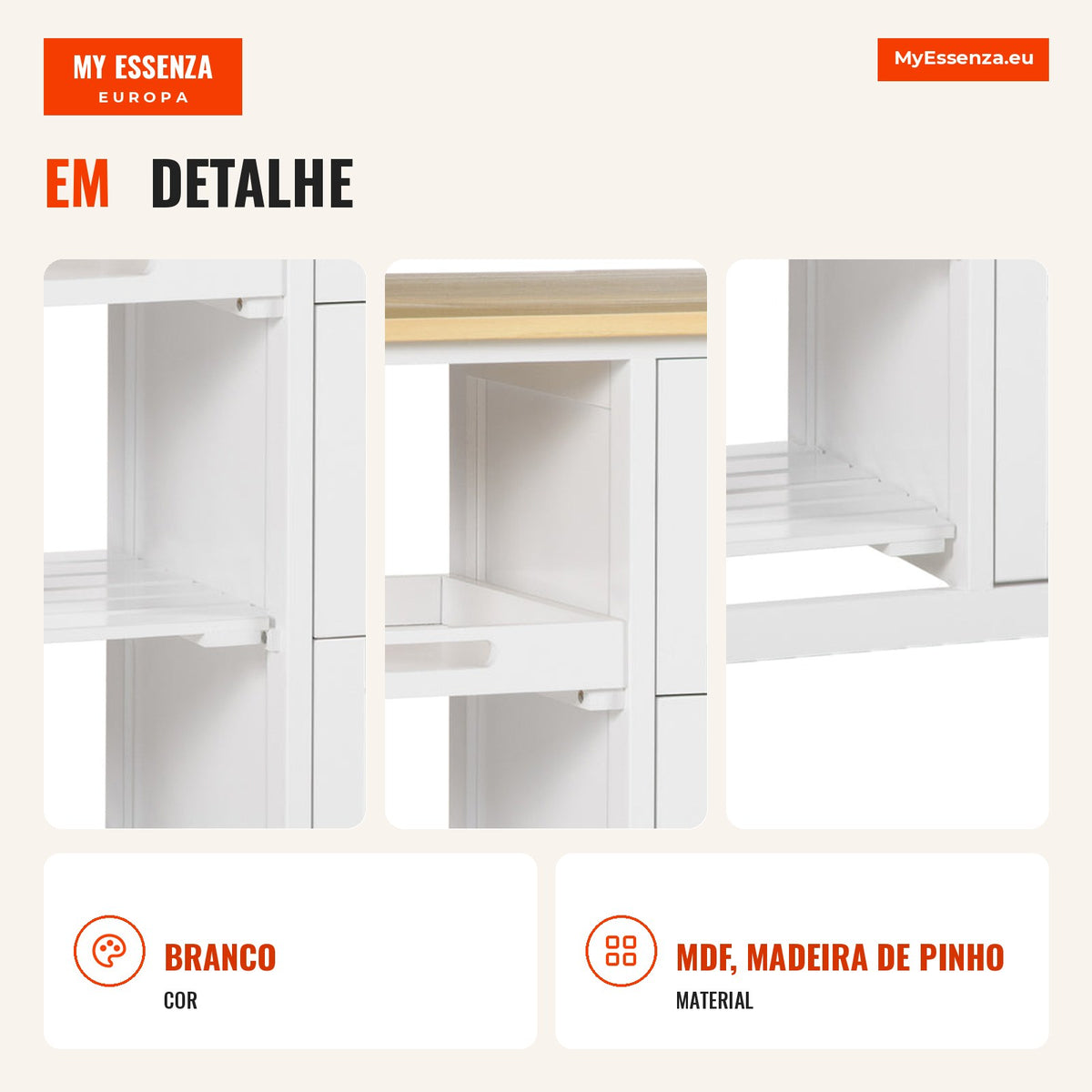 Kitchen Trolley with Wheels Serving Cart 3 Drawers 3 Open Shelves Removable Tray White 67x37x84cm — Infografia PT (detalhe)