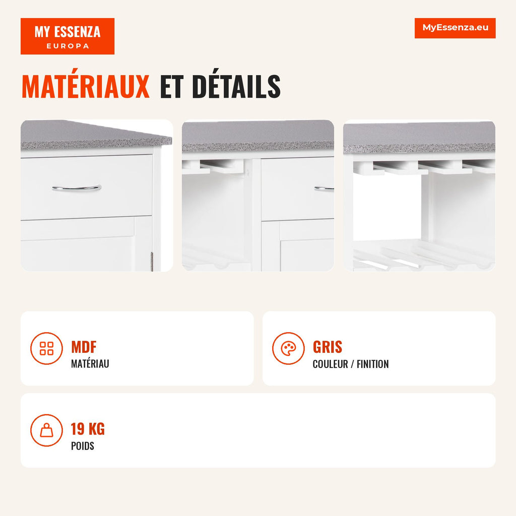 Kitchen Trolley with Wheels, 1 Drawer, Removable Shelves, 4-Bottle Holder, Cabinet 40kg 76x48x88cm White and Grey — Infografia FR (materiais e detalhes)