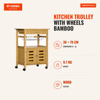 Carrinho de Cozinha com Rodas Carrinho de Cozinha de Bambú com 1 Gaveta Cesta Amovível e Armário para Sala de Jantar Car — Infografia EN (medidas)