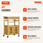 Carrinho de Cozinha com Rodas Carrinho de Cozinha de Bambú com 1 Gaveta Cesta Amovível e Armário para Sala de Jantar Car — Infografia EN (vantagens)