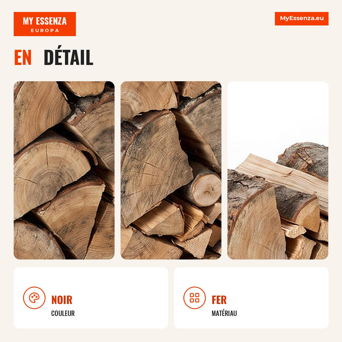 Metal Firewood Rack Indoor and Outdoor Load up to 100 kg 40x25x100 cm Black — Infografia FR (detalhe)