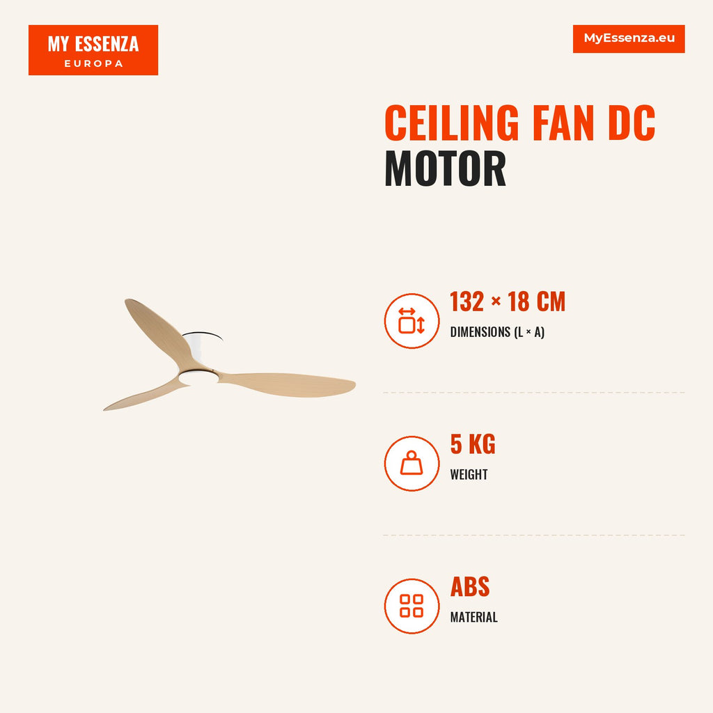 Ceiling Fan DC Motor Ø132x18 cm with Remote Control, 3 Reversible Blades, 6 Speeds and Silent Timer for Bedrooms and Din — Infografia EN (medidas)