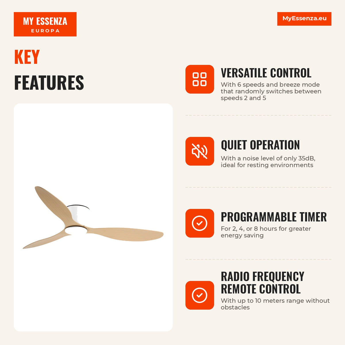 Ceiling Fan DC Motor Ø132x18 cm with Remote Control, 3 Reversible Blades, 6 Speeds and Silent Timer for Bedrooms and Din — Infografia EN (vantagens)