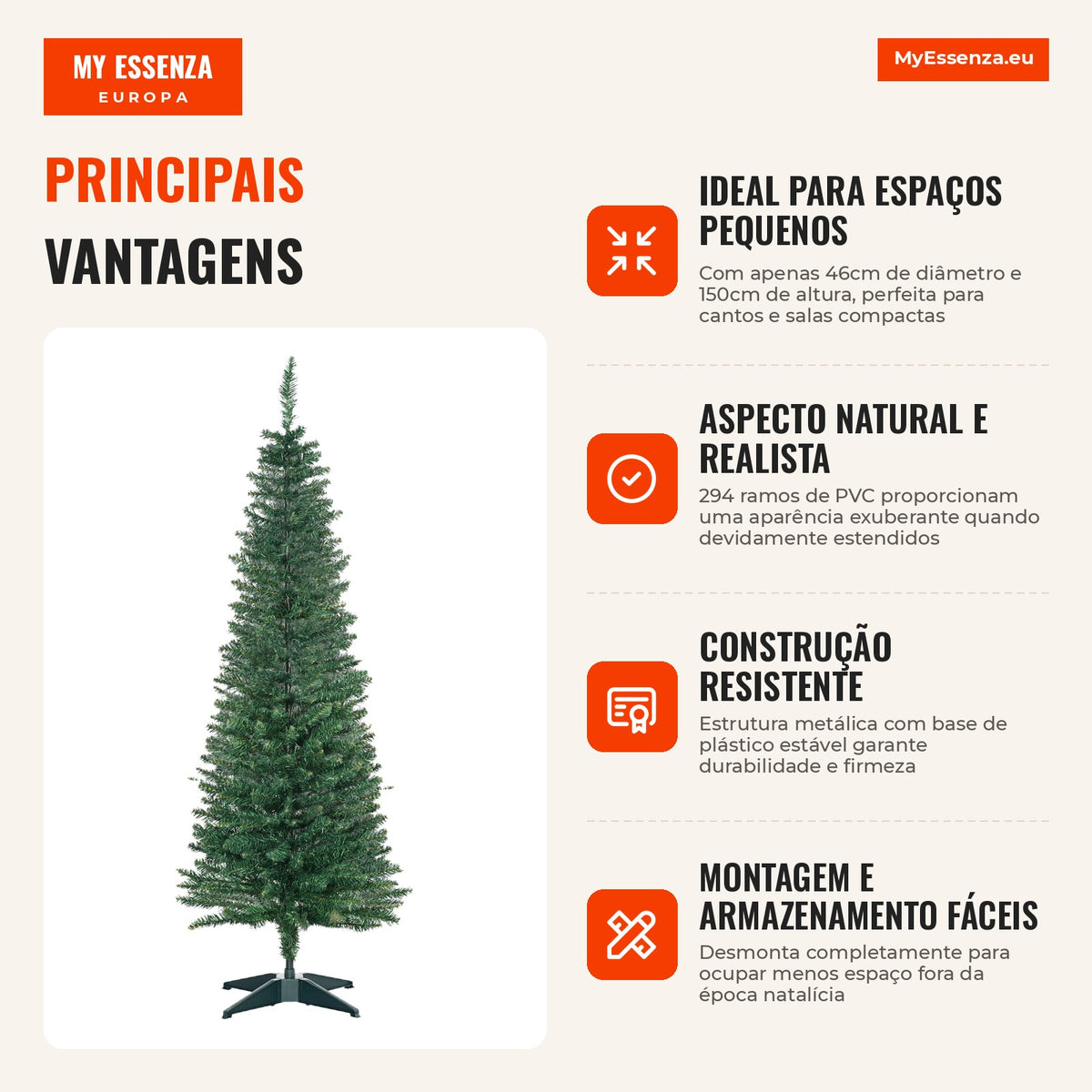150cm Fire-Resistant Artificial Christmas Tree with 294 PVC Branch Tips and Plastic Stand Festive Indoor Decoration Easy — Infografia PT (vantagens)