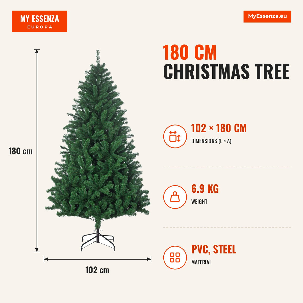 180 cm Christmas Tree with 1000 PVC Branches and Steel Base Green — Infografia EN (medidas)