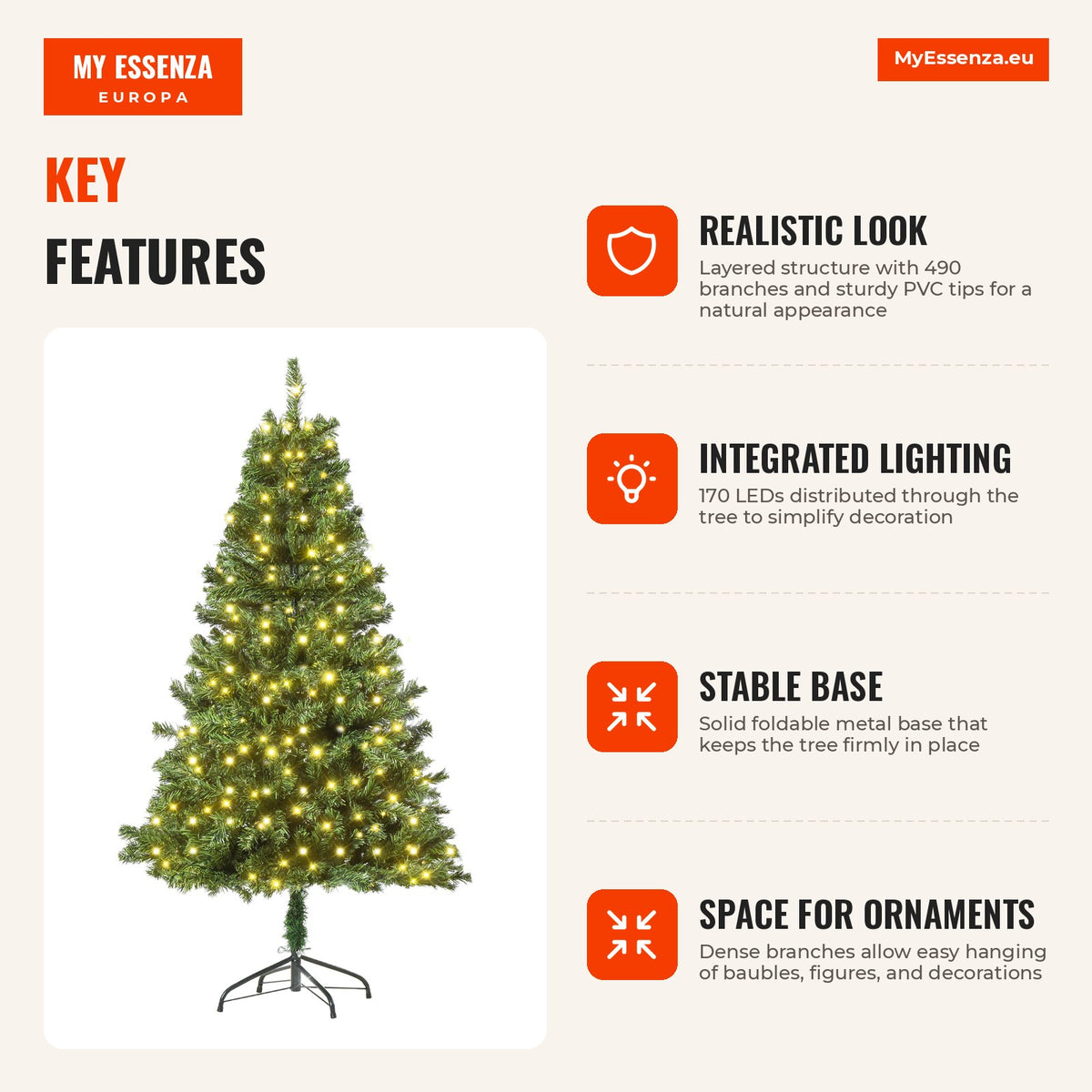 HOMCOM Artificial Christmas Tree with 490 Branches 170 LED Lights and Foldable Metal Base for Indoor Ø75x150 cm Green — Infografia EN (vantagens)