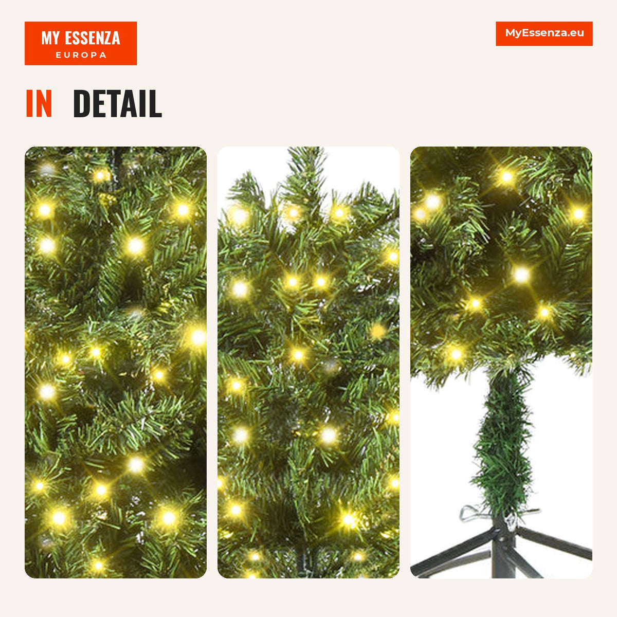 HOMCOM Artificial Christmas Tree with 490 Branches 170 LED Lights and Foldable Metal Base for Indoor Ø75x150 cm Green — Infografia EN (detalhe)