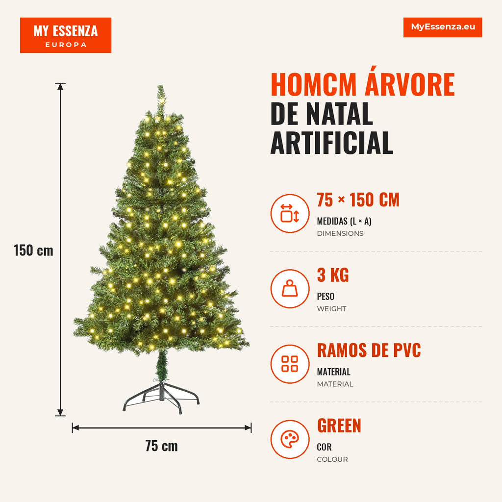 HOMCOM Artificial Christmas Tree with 490 Branches 170 LED Lights and Foldable Metal Base for Indoor Ø75x150 cm Green — Infografia PT (medidas)