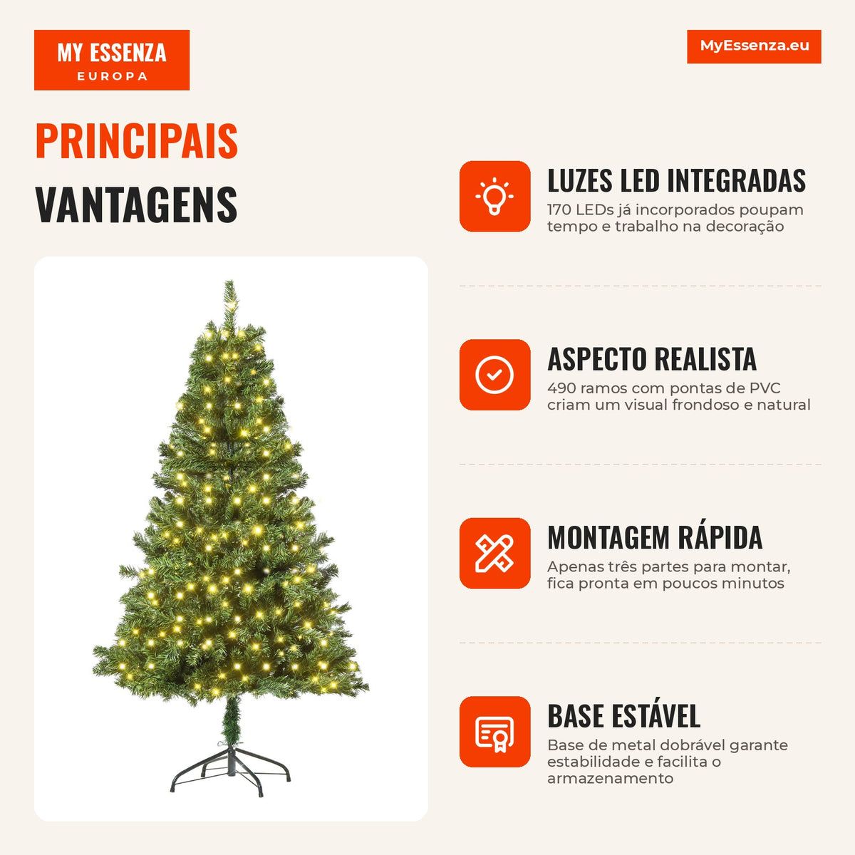 HOMCOM Artificial Christmas Tree with 490 Branches 170 LED Lights and Foldable Metal Base for Indoor Ø75x150 cm Green — Infografia PT (vantagens)