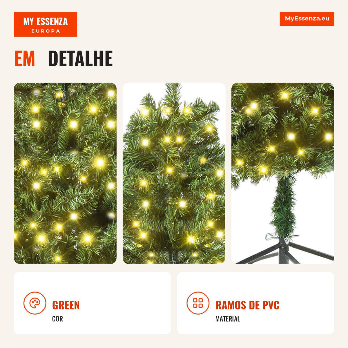 HOMCOM Artificial Christmas Tree with 490 Branches 170 LED Lights and Foldable Metal Base for Indoor Ø75x150 cm Green — Infografia PT (detalhe)